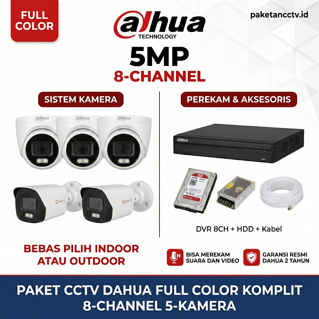 paket cctv dahua 5mp colorvu 8 channel 5 kamera audio series
