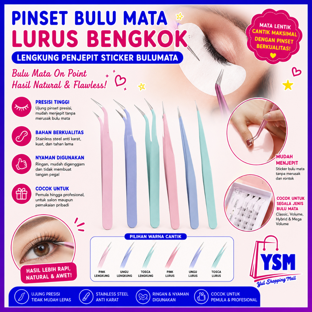 YSM Pinset Bulu Mata Eyelash Pinset Tweezer Lurus Bengkok Lengkung Penjepit Sticker Bulumata Eyelash
