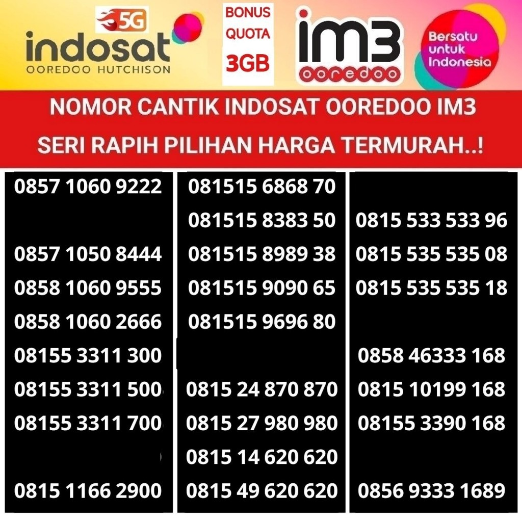 PROMO OBRAL SPESIAL IM3 Kartu Perdana Indosat Ooreedo Nomer Cantik 5G /4G