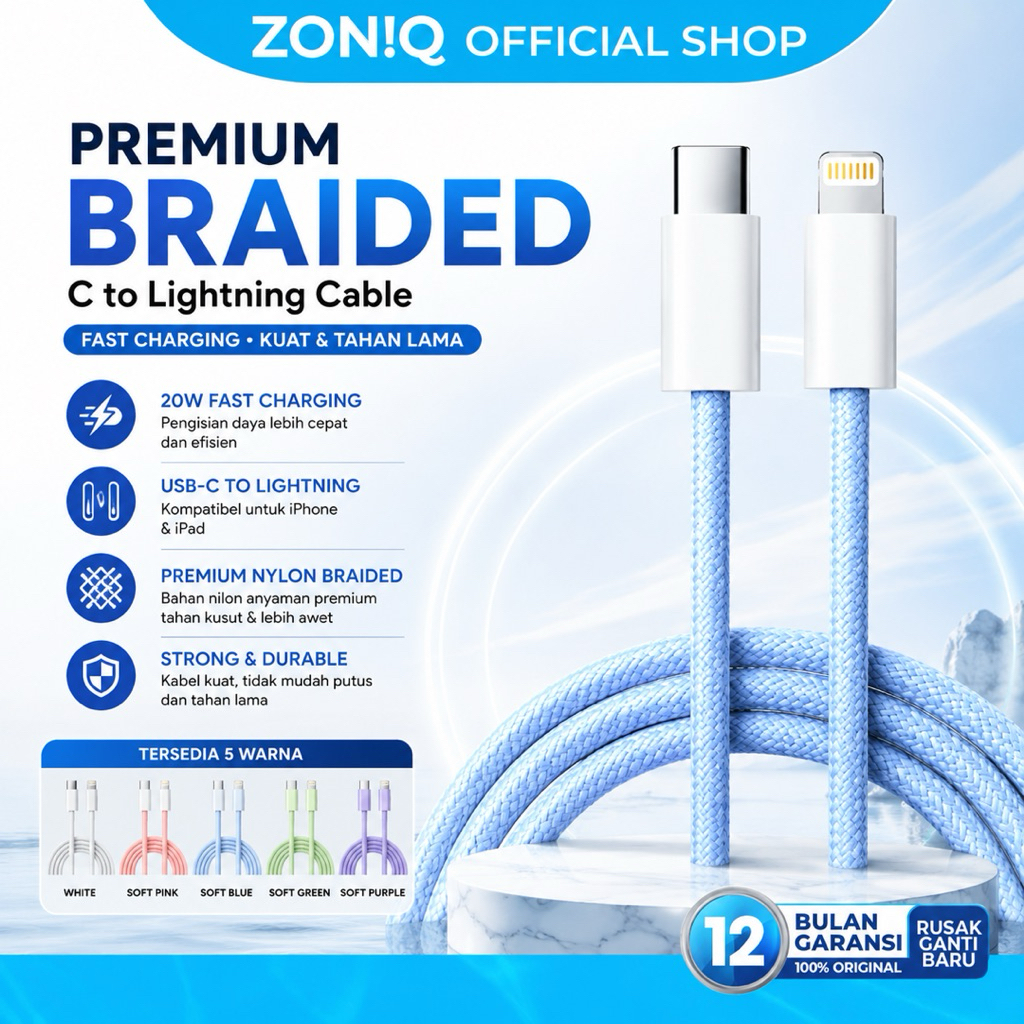 ZONIQ Premium Braided C to Lightning Cable 20W Fast Charging Data Cable 1M untuk iPhone Airpods & iP
