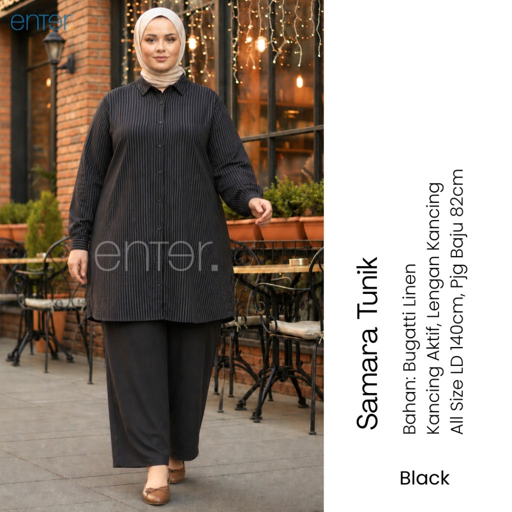 enter atasan jumbo wanita kekinian ld 140 samara tunik motif garis mat linen premium