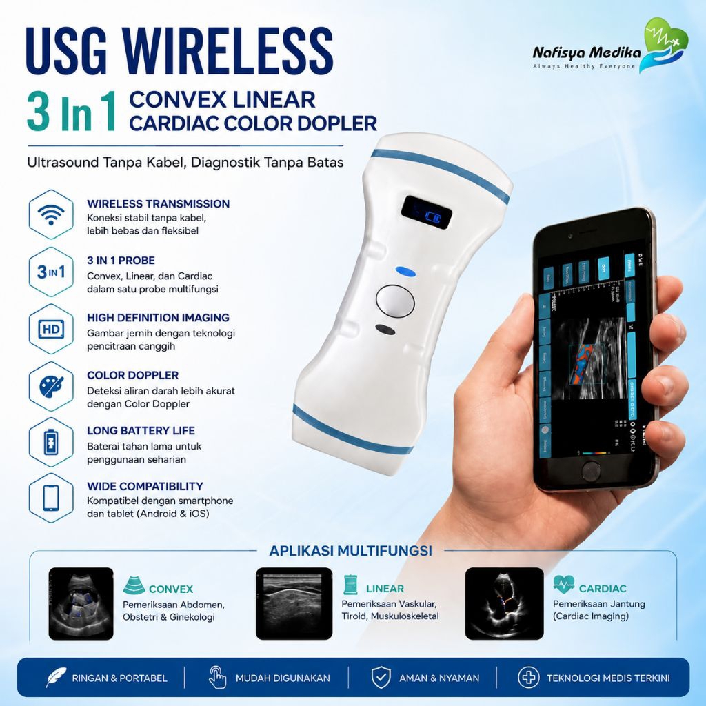 USG Wireless 3in1 Convex Linear Cardiac Color Doppler | Portable Ultrasound Scanner WiFi Android iOS