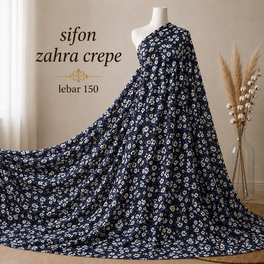kain crepe zara motif bunga kecil, tekstur  berpasir  halus , tidak transparan