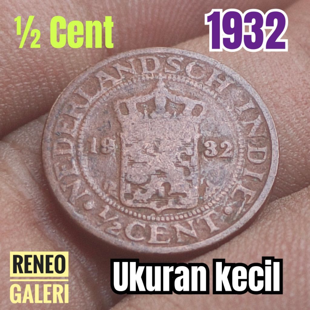 Koin kecil ½ Cent tahun 1932 asli korosi Nederlandsch Indie 0,5 1/2 setengah uang kuno jaman Hindia 