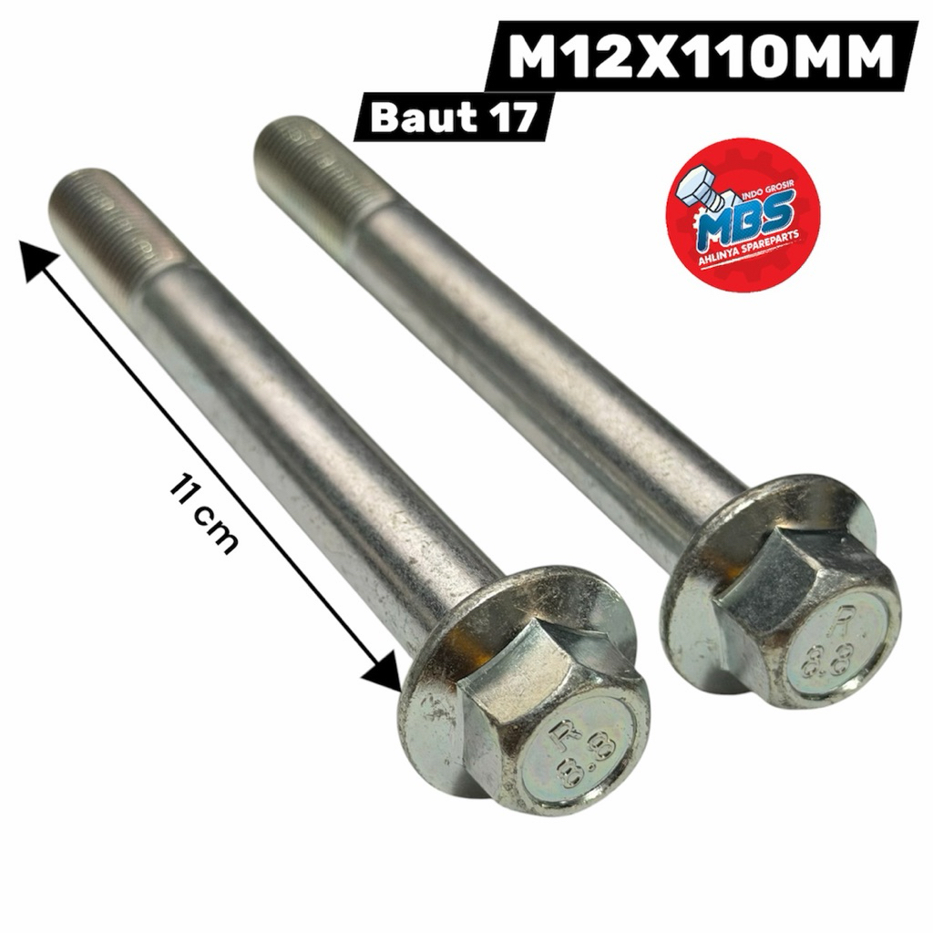 BOLT FLANGE M12X110 BAUT 17 TOPI PANJANG 11 cm BAUT SHOK AREM MOBIL UNIVERSAL BAJA CARBON