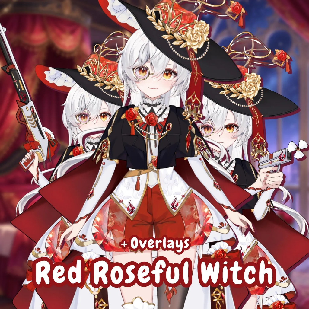 Karakter Live2D VTuber Model Red Roseful Witch Girl Dual Guns Plus Overlay Pack VTube Studio