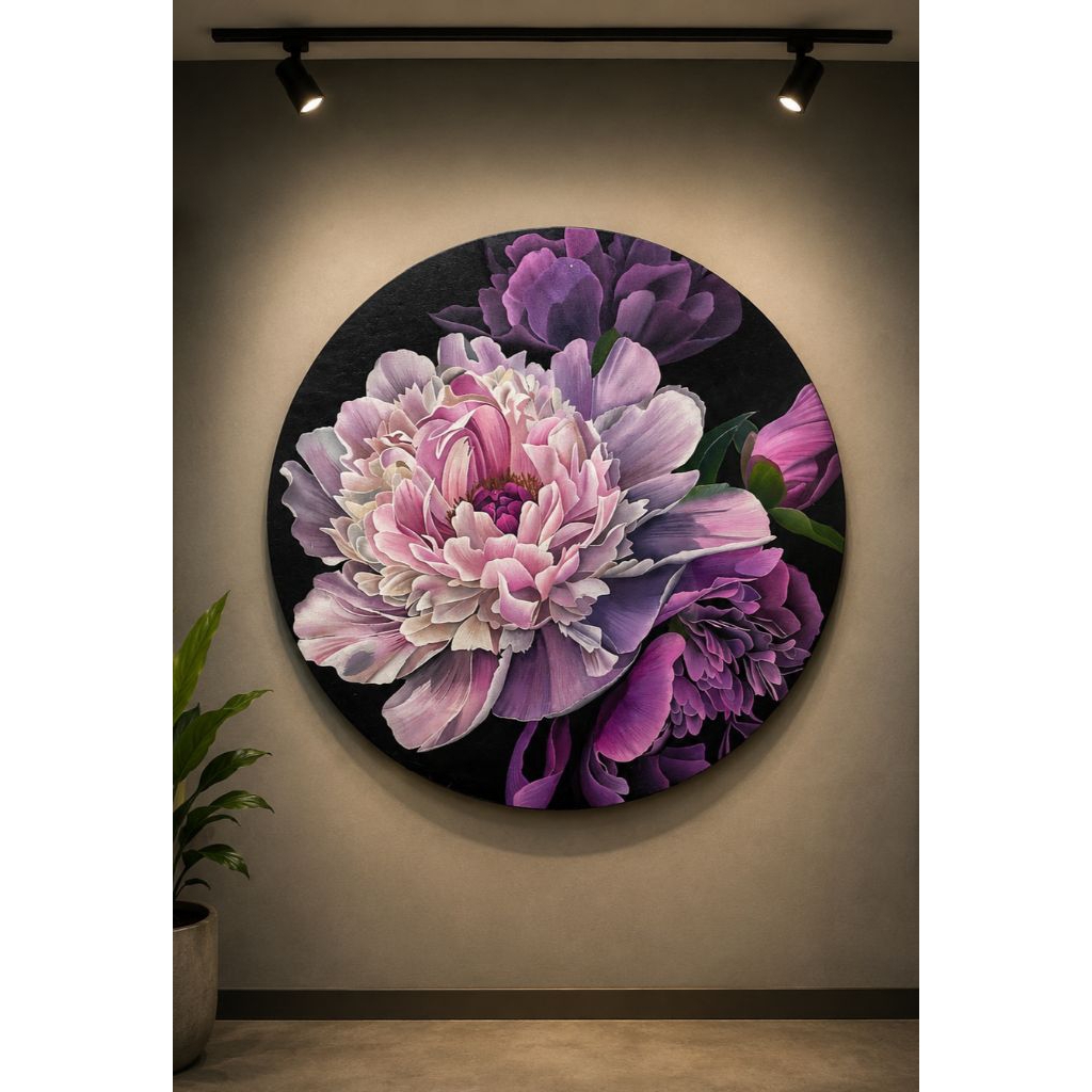 Hiasan Dinding Lukisan Bunga Peony Realis Model Bulat - Lukisan Kanvas Annugrah_art