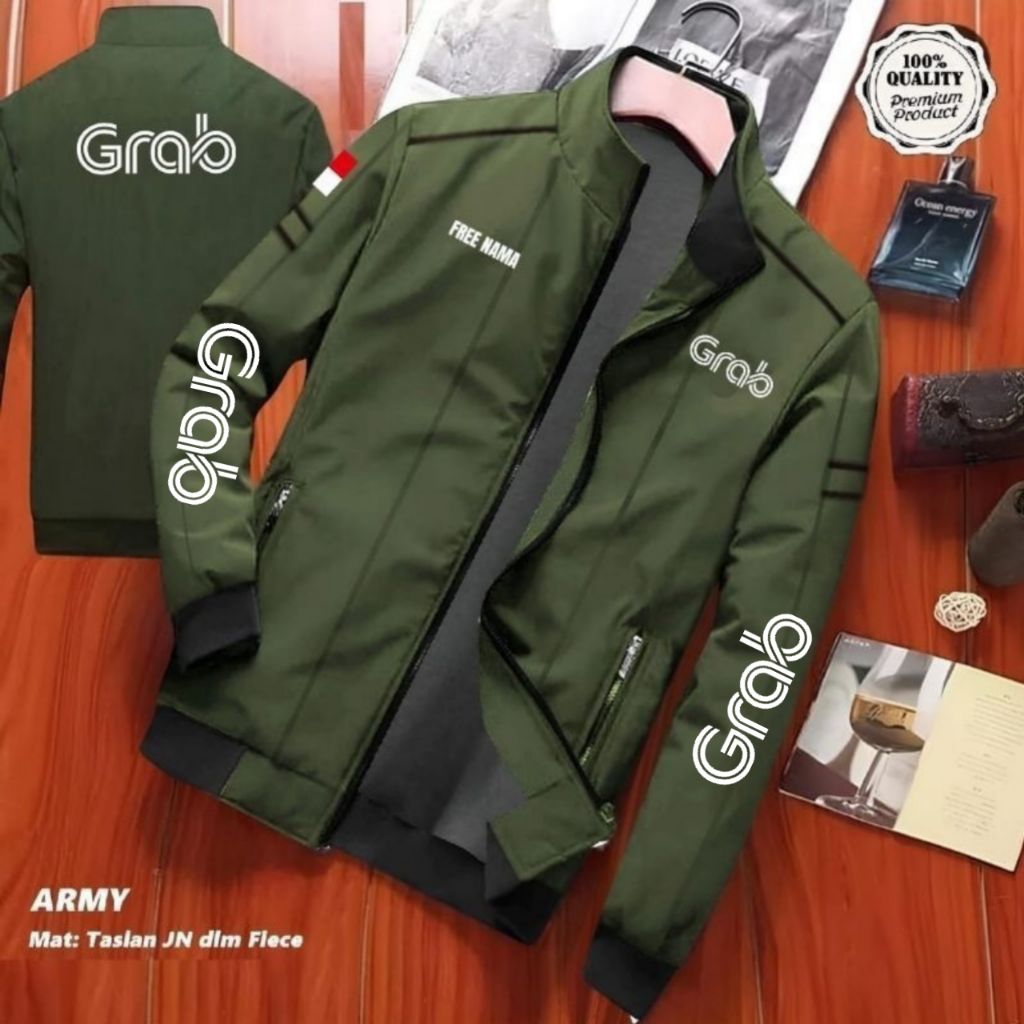 JAKET KANTONG DALAM GRAB SABLON PUTIH / JAKET GRAB FOOD / JAKET GRAB BIKE / FREE NAMA BAHAN TASLAN R