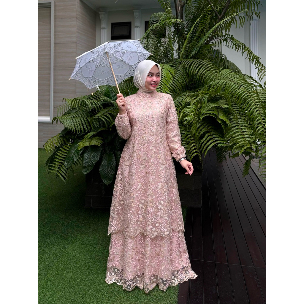 Gamis bahan tille  bordir premium model susun (menyatu) furing armanisilk Retliting belakang  tangan