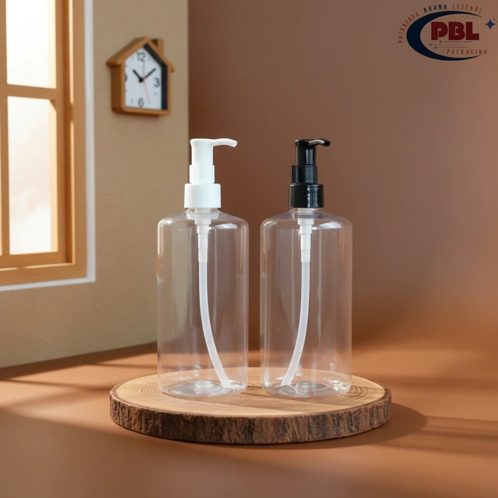 Botol Pump HS 500ml Natural - Tutup Pump Cli Oil Smooth Neck 24 Varian Warna /  Botol Plastik Pet / 