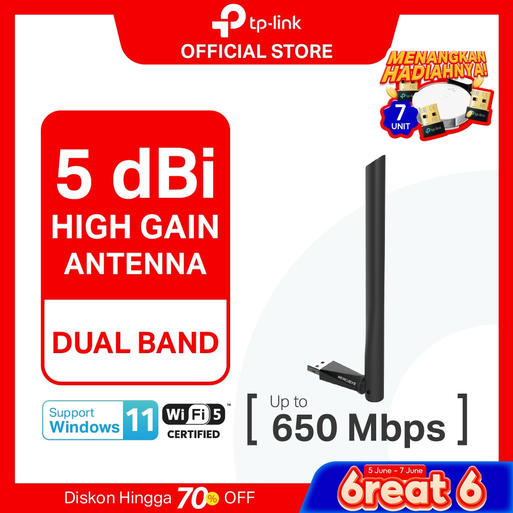 TP-Link | Mercusys MU6H | AC650 High Gain WiFi 5 Adapter | Dual Band | USB Adapter | Dongle WiFi