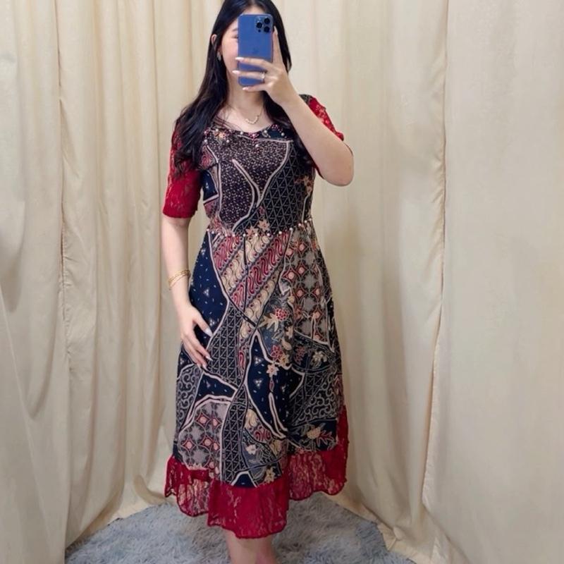 BATIK KARTIKA/DRESS COUPLE Dress Batik Wanita Model Kartika Lengan Panjang Bahan Satin untuk Acara F