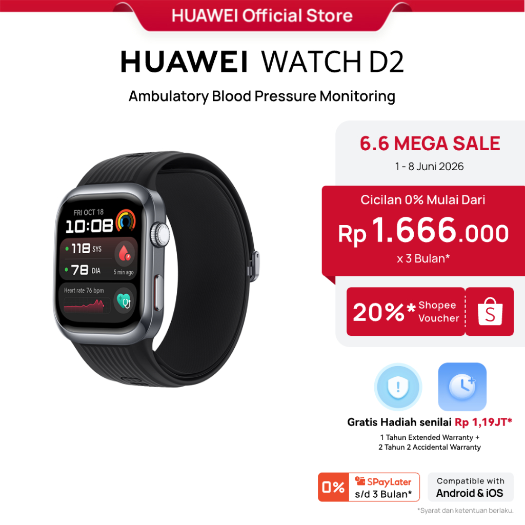 [6.6 | Voucher s/d 20%] HUAWEI WATCH D2 Smartwatch | 24-hour Ambulatory Blood Pressure Monitoring | 