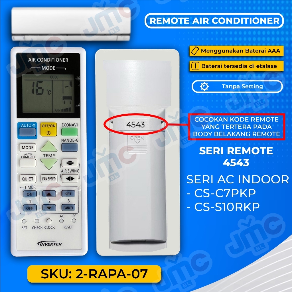 JMC Pengganti Remote AC PANASONIC 4543 CS-C7PKP CS-S10RKP