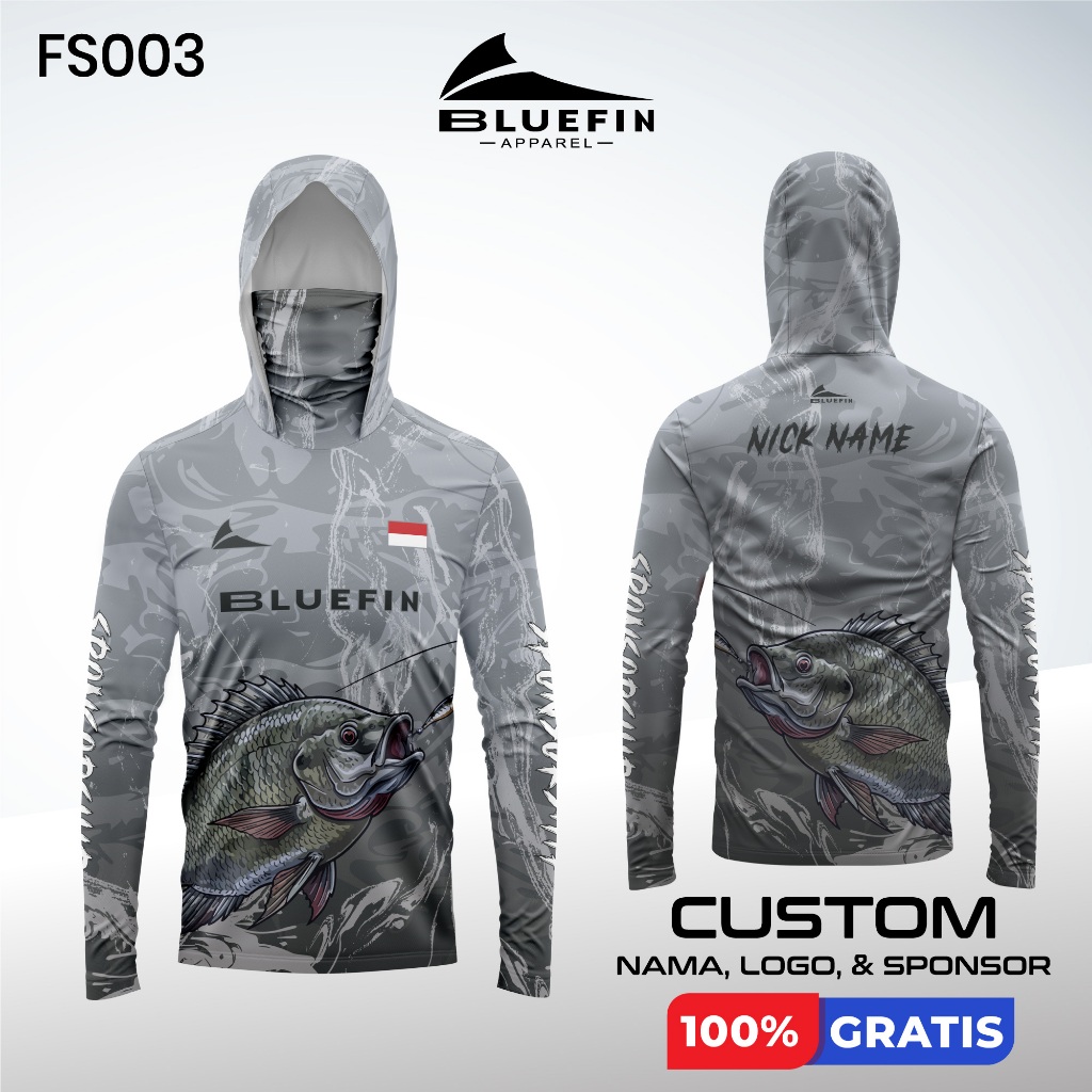 Baju Jersey Mancing Ikan Nila dan Mujair Motif Abstrak Gambar Ikan Mujair Lengan Panjang Masker dan 
