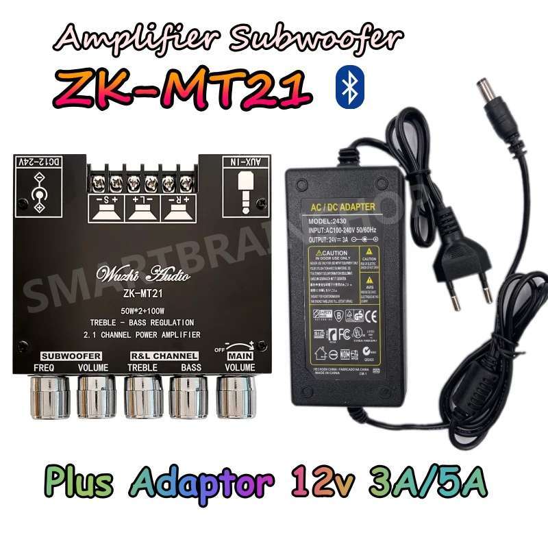 Amplifier ZK-MT21 2.1 Channel Stereo Subwoofer Bluetooth plus Adaptor Power Supply 12v 5a