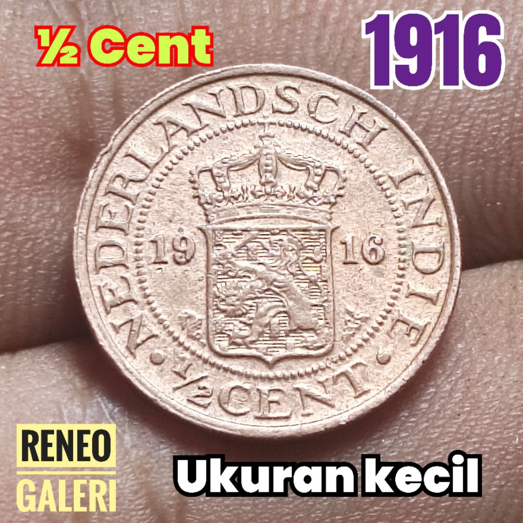 Koin kecil ½ Cent tahun 1916 asli detail bagus Nederlandsch Indie 1/2 0,5 sen uang kuno zaman Hindia