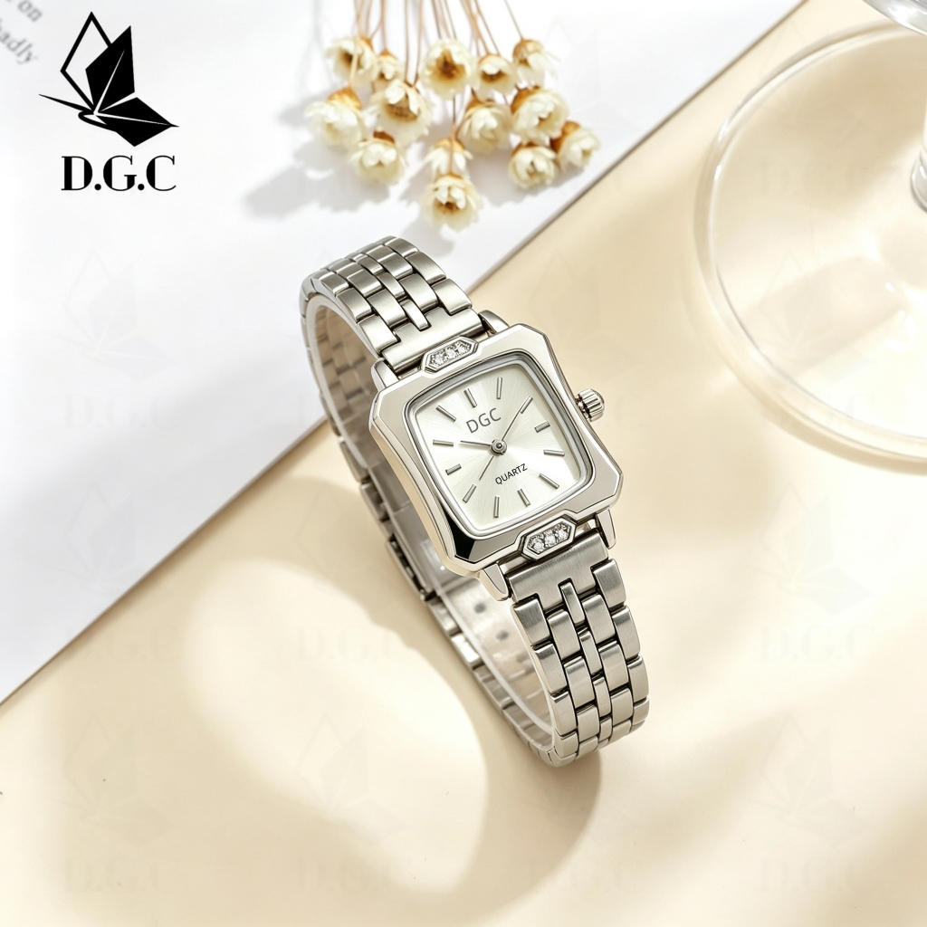 DGC 10679 Jam Tangan Wanita Rantai Besi Kotak Analog Quartz Elegan Warna Perak Mewah Berkilau dgc Ja