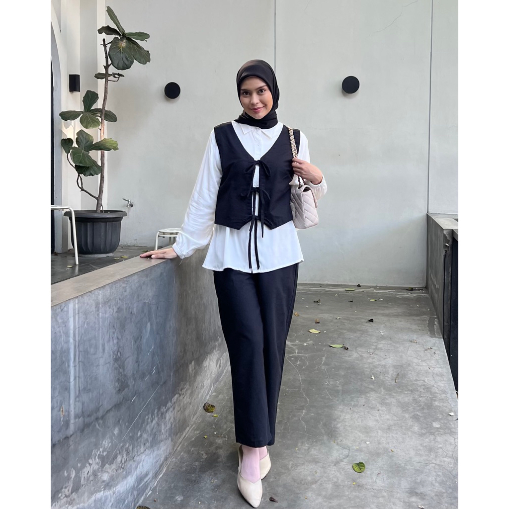 Elmiza - Viory One Set Kemeja Vest Celana Bahan Linseed Mix Rayon Premium Setelan Terbaru Daily Kant