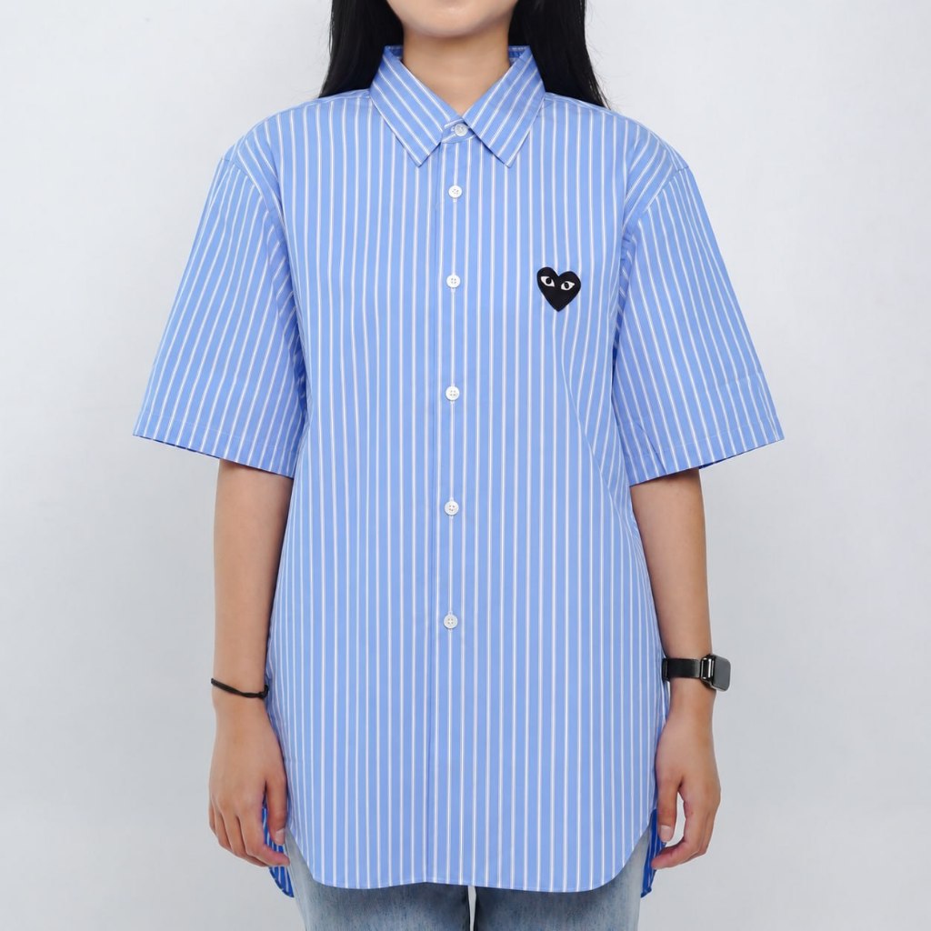 Kemeja CDG HEART BLACK STRIPE BLUE SHIRT 100% ORIGINAL