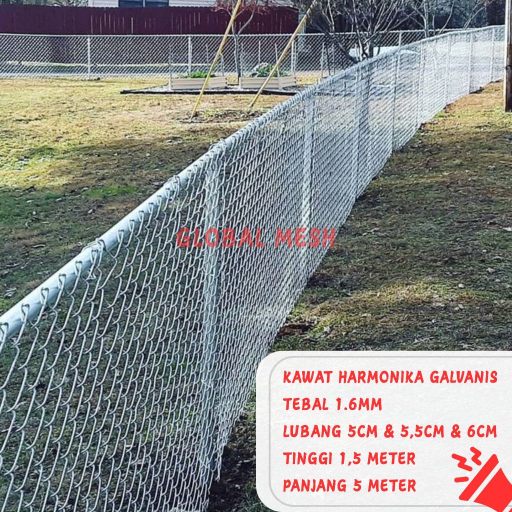 (P5) T1,5 Kawat Pagar Harmonika Galvanis Tebal Kawat 1,6MM Lubang 5CM & 5,5CM & 6CM ( 1,5X 5 METER )