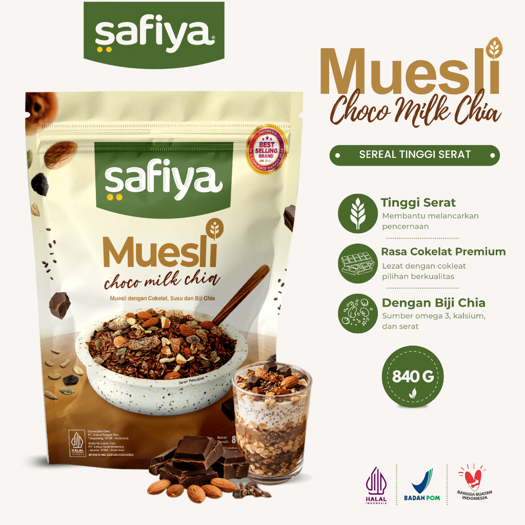 Safiya Muesli Choco Milk 840 Gram With Chiaseed Sereal Oatmeal Diet Premium