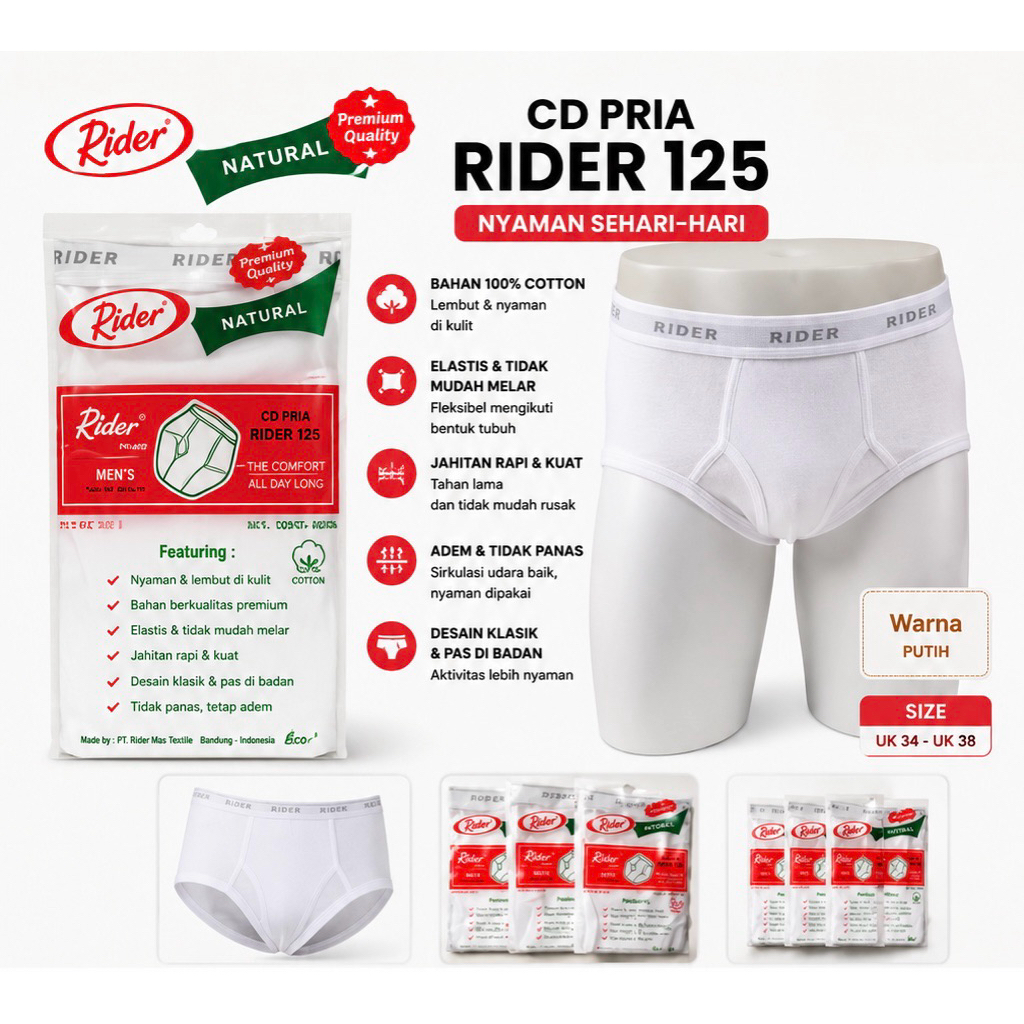 CD pria RIDER 125 putih / cd rider / cd putih cowok / cd bagus / pakaian dalam RIDER
