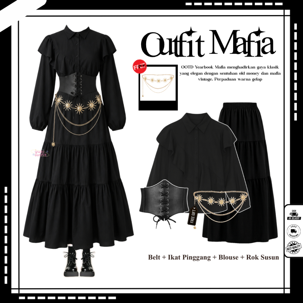 Ootd Yearbook Mafia Outfit ( Belt, Rantai, Blouse Hitam, Rok Susun ) Outfit Yearbook Kekinian - N201