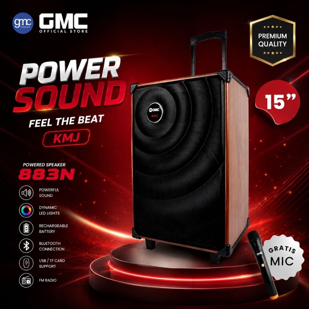 GMC Speaker 15inch Portable Bluetooth 883N Free 1Mic Wireless