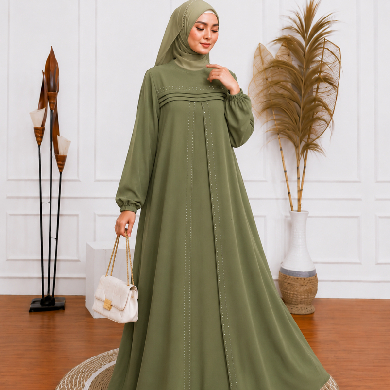 QUEENY Dress By HIJRAH HIJAB COLLECTION ~ Gamis Ceruty Babydoll Full Furing Terbaru 2026