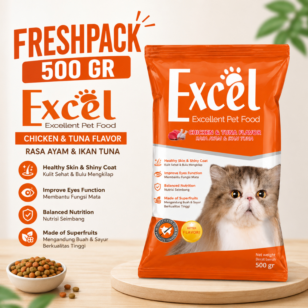 Makanan Kucing Excel Chicken & Tuna 500 Gram Kemasan Freshpack (Excel Orange)