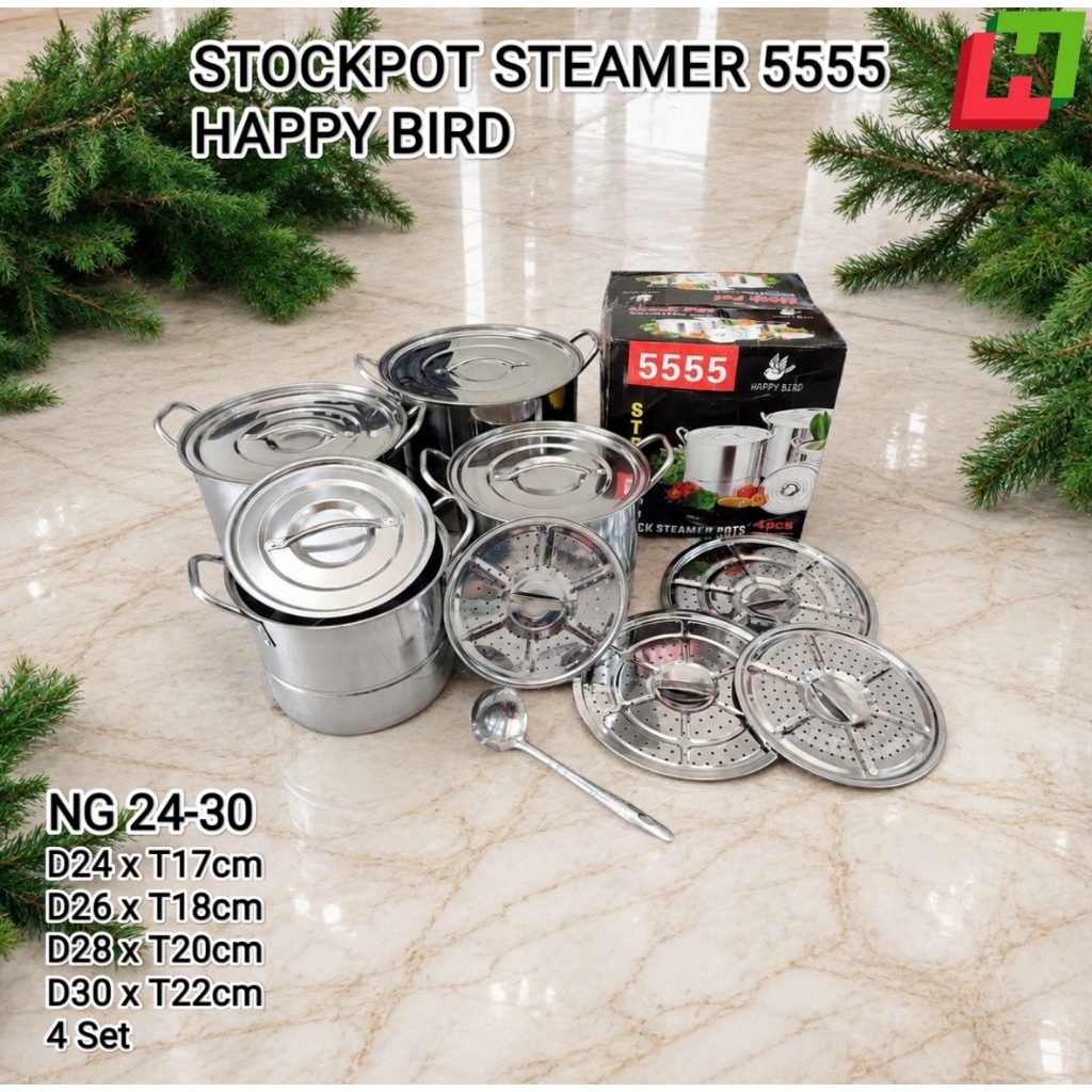Stockpot Steamer 5555 Panci Set Stainless Steel 4 Set + Sendok Sop / Panci Dandang