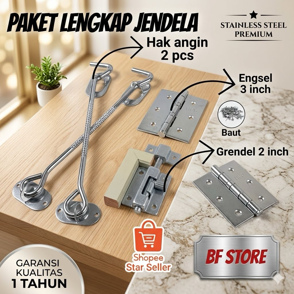 Fullset - Engsel Jendela 3inci HPP - Penahan jendela Kait Jendela -Kunci slot Grendel jendela Minima
