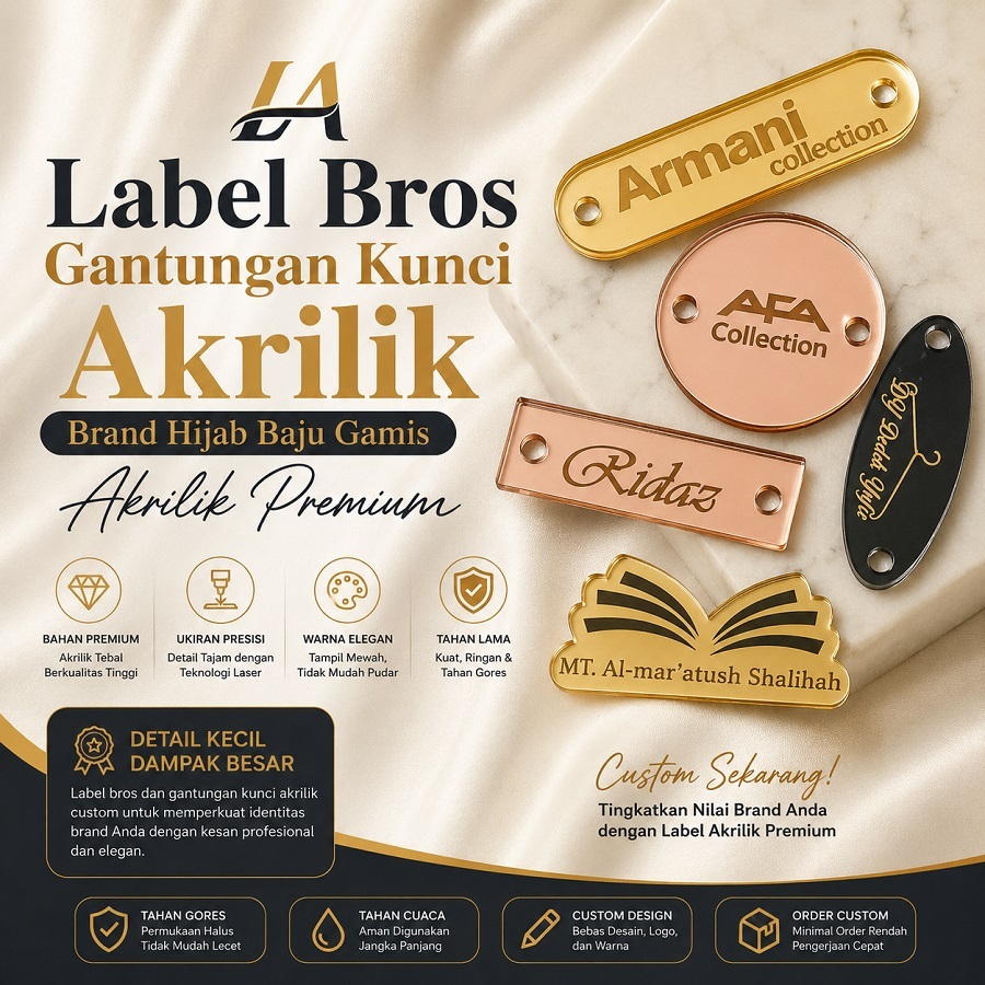 Label Akrilik Custom Tebal 2mm | Bros Gantungan Kunci Akrilik | Plat Brand Hijab Baju Gamis Akrilik 