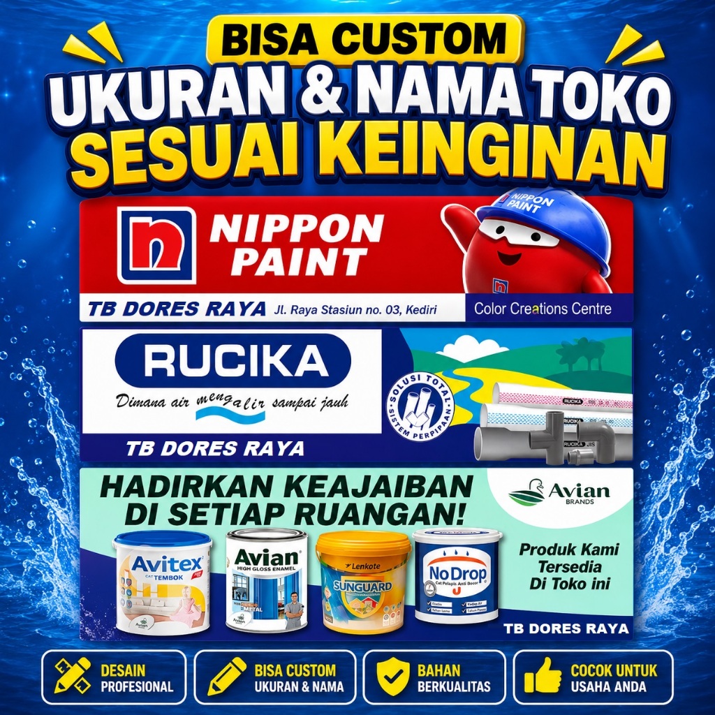 Spanduk Brand Toko Bangunan Nippon Paint , Rucika, Semen Gresik + Custom nama | Banner Toko Listrik