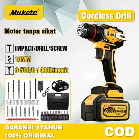 Mukete Elektrik Drill Bor Impact Baterai 598V 1400RPM Bor Tangan Listrik Jld