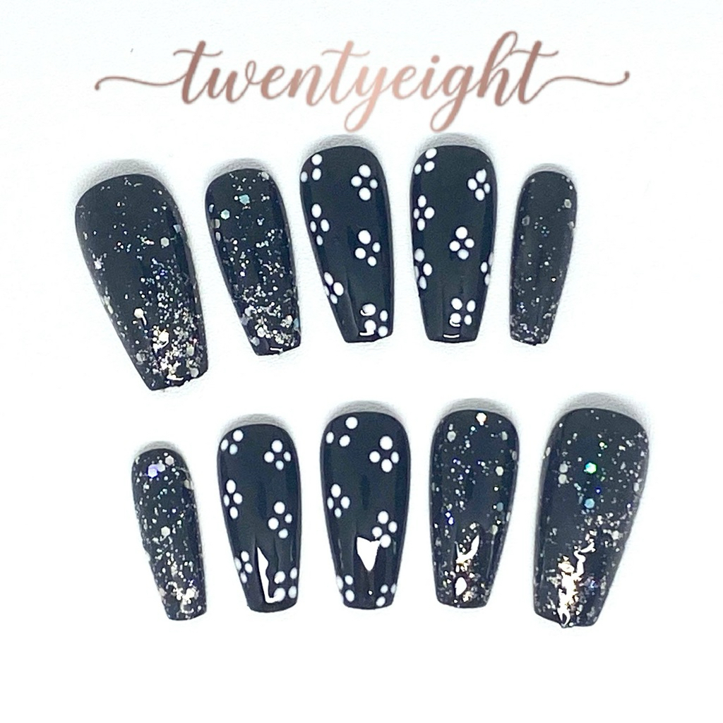 twentyeight - PRESS ON NAILS motif bunga polkadot hitam glitter || kuku palsu glitter cantik || fake