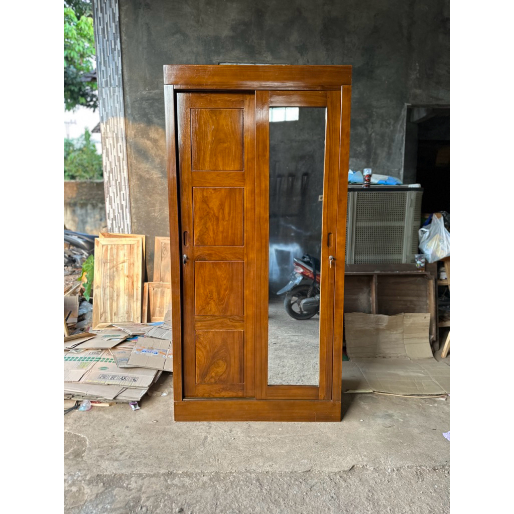 Lemari Minimalis 2 Pintu Sliding Kayu Jati Lemari Pakaian Kayu Jati