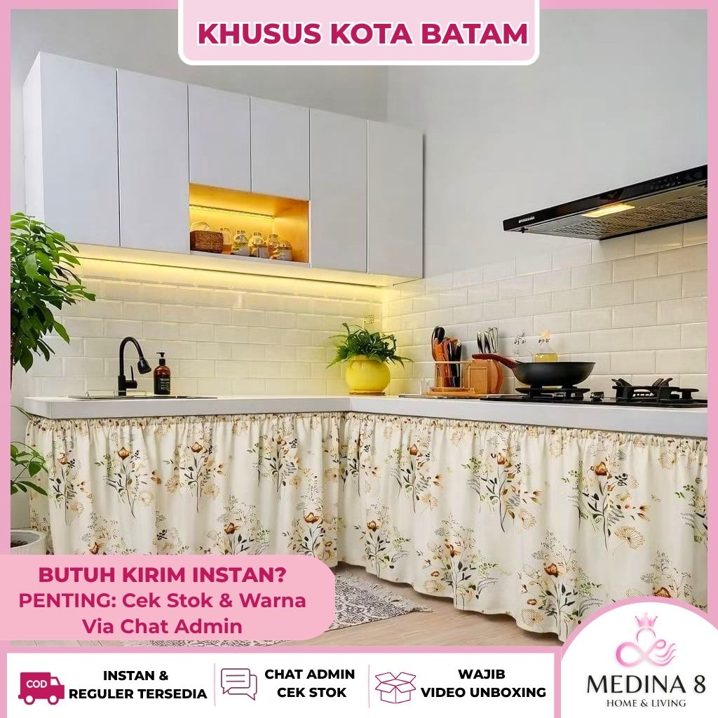 [BISA INSTAN] [MOTIF GELOMBANG] [FREE TALI] Gorden Kolong Bunga Estetik Warna Cream MINIMALIS FREE T