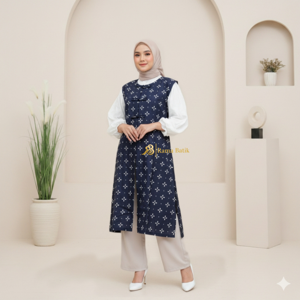 RAMABATIK - Long Vest Batik Outer Rompi Long Tunik Sleeveless Batik Modern Atasan Wanita Belah Sampi