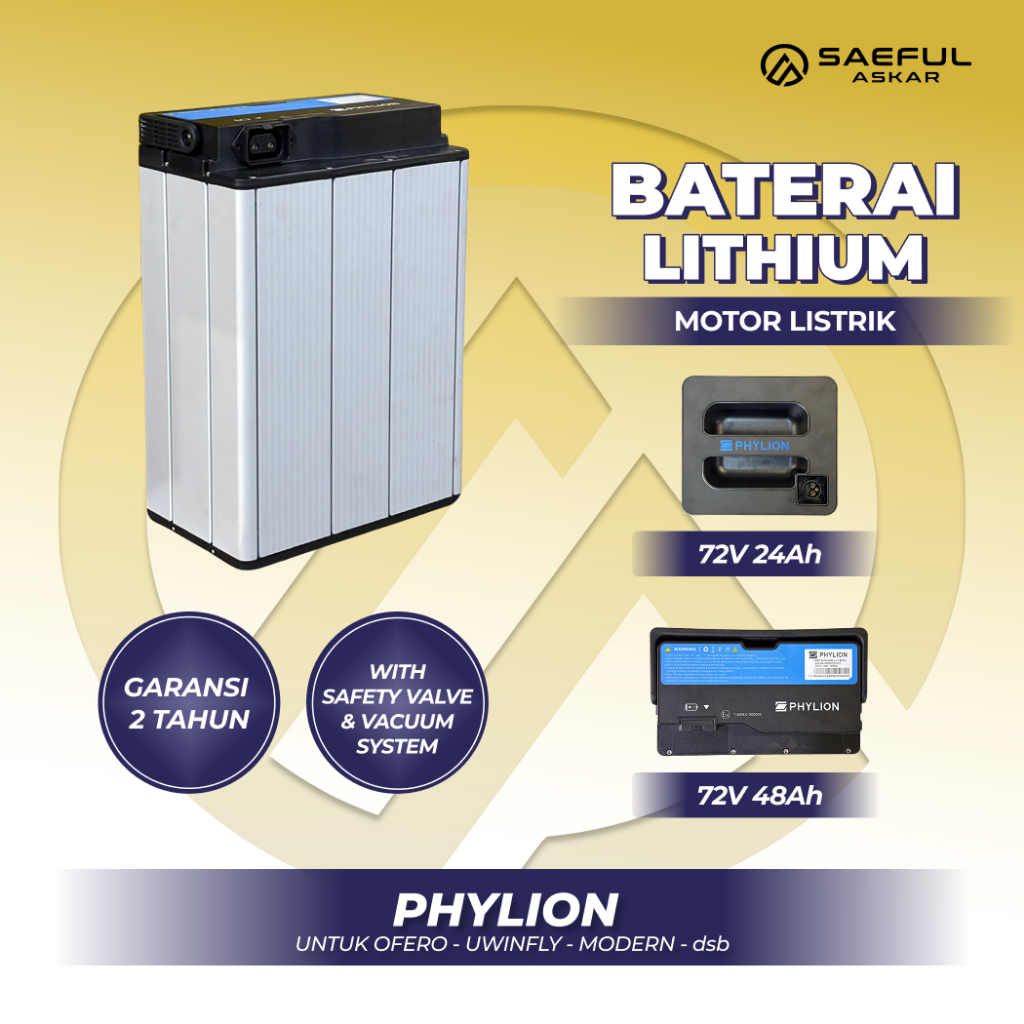 Baterai Lithium 72V Phylion + Kabel Soket + Charger untuk Sepeda Listrik Motor Listrik