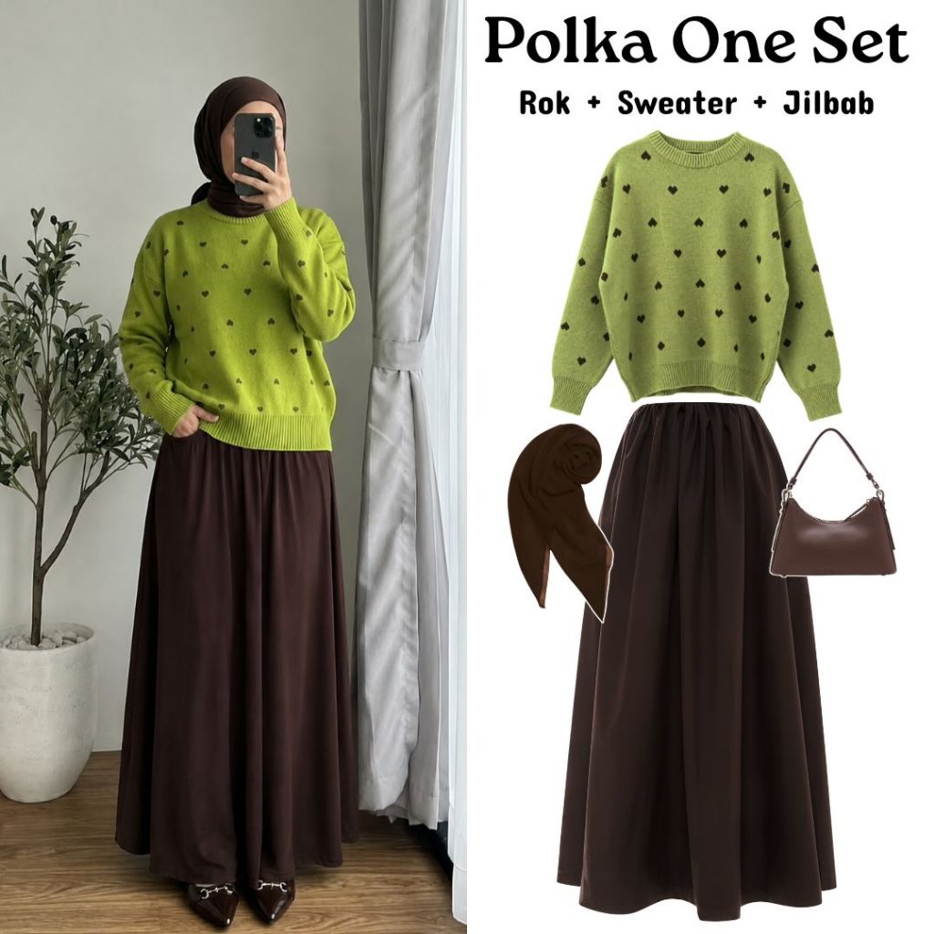 oneset 3in1 - Sweater Polkalove Avicado + Rok Joda + Jilbab| ootd outfit cewek wanita anak perempuan