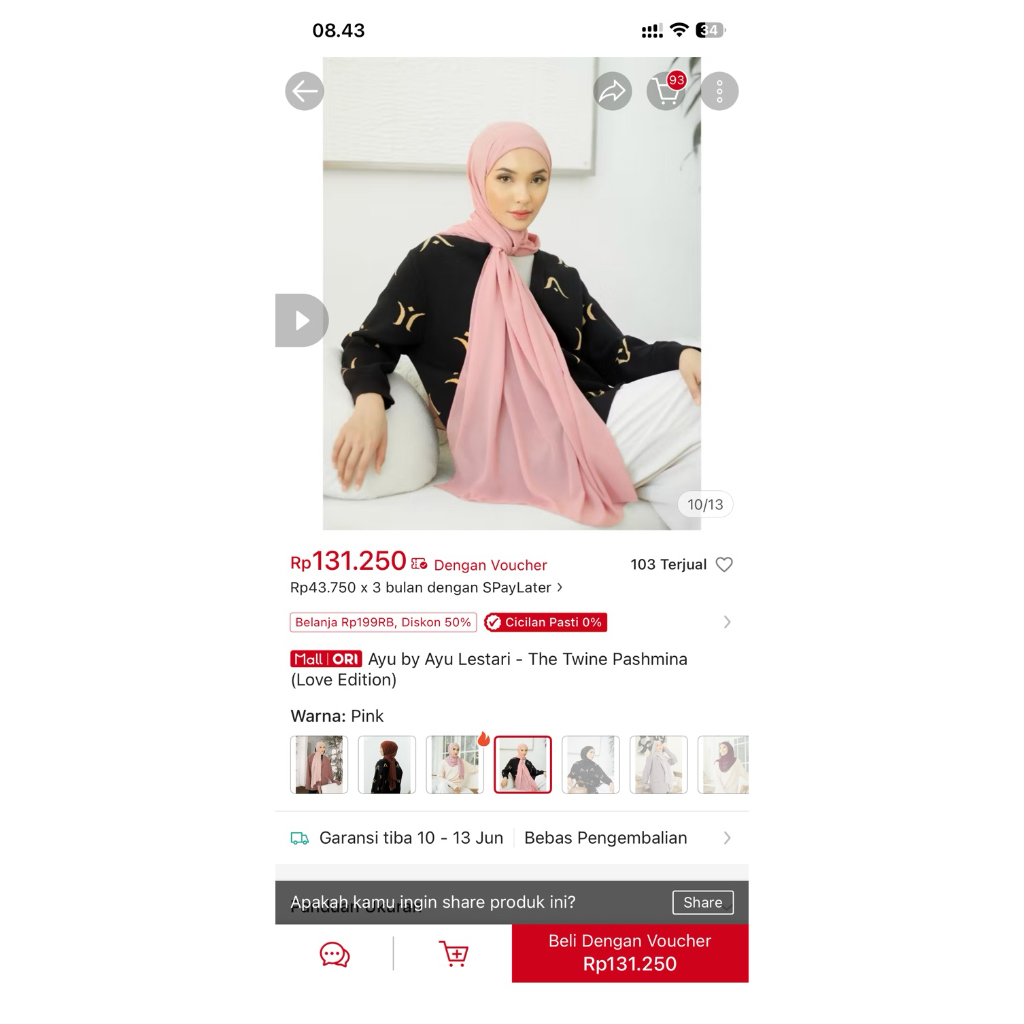 PRELOVED PASHMINA INNER AYUBYAYULESTARI WARNA PINK