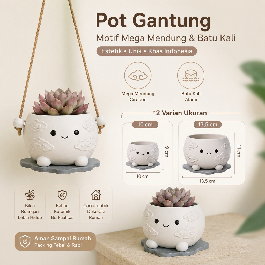 Pot Gantung Estetik Motif Mega Mendung & Batu Kali | Hiasan Tanaman Unik Khas Indonesia