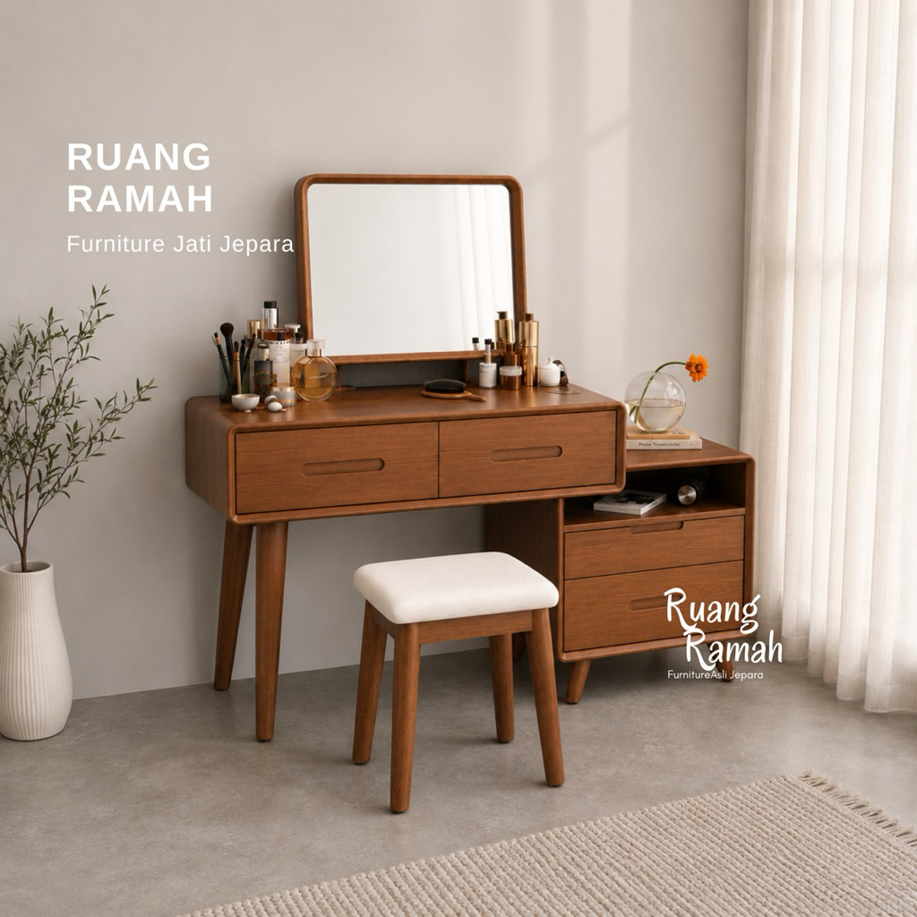 Meja Rias Kayu Jati Minimalis Modern | Meja Make Up Japandi Aesthetic | Tolet Kamar Tidur Kayu Asli 
