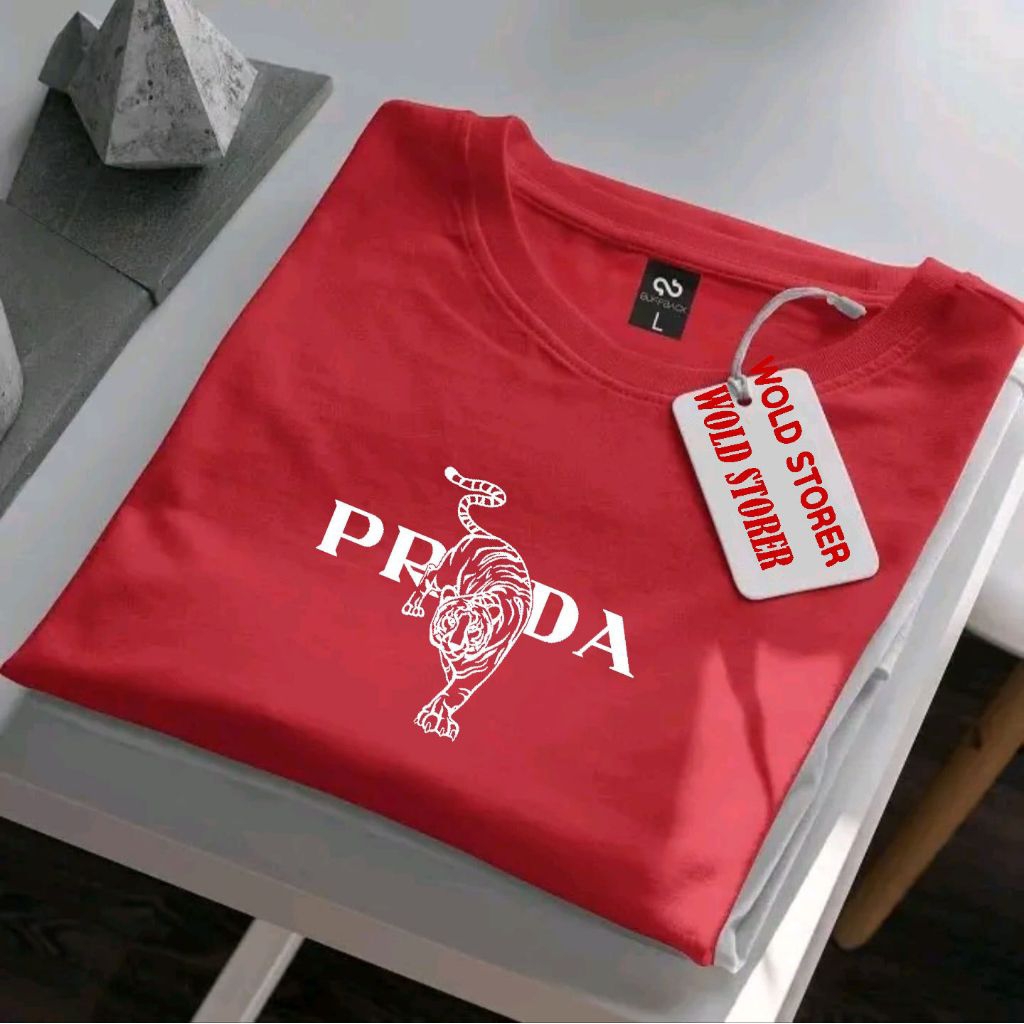 Promo Kaos Distro premium prada motif putih Kaos Pria Kekinian T-Shirt Pria Kaos Distro Pria 100% Co