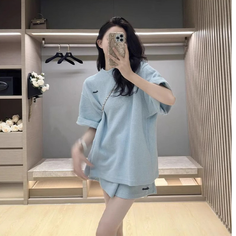 Women's short-sleeved waffle knit sports suit T T-shirt Shorts