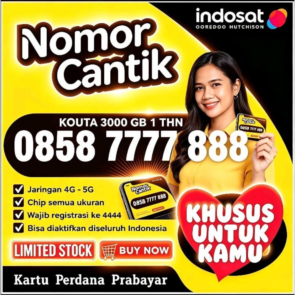 Kartu perdana IM3 Indosat nomor cantik bonus Kouta internet 3000 GB 1 THN bisa di gunakan di seluruh