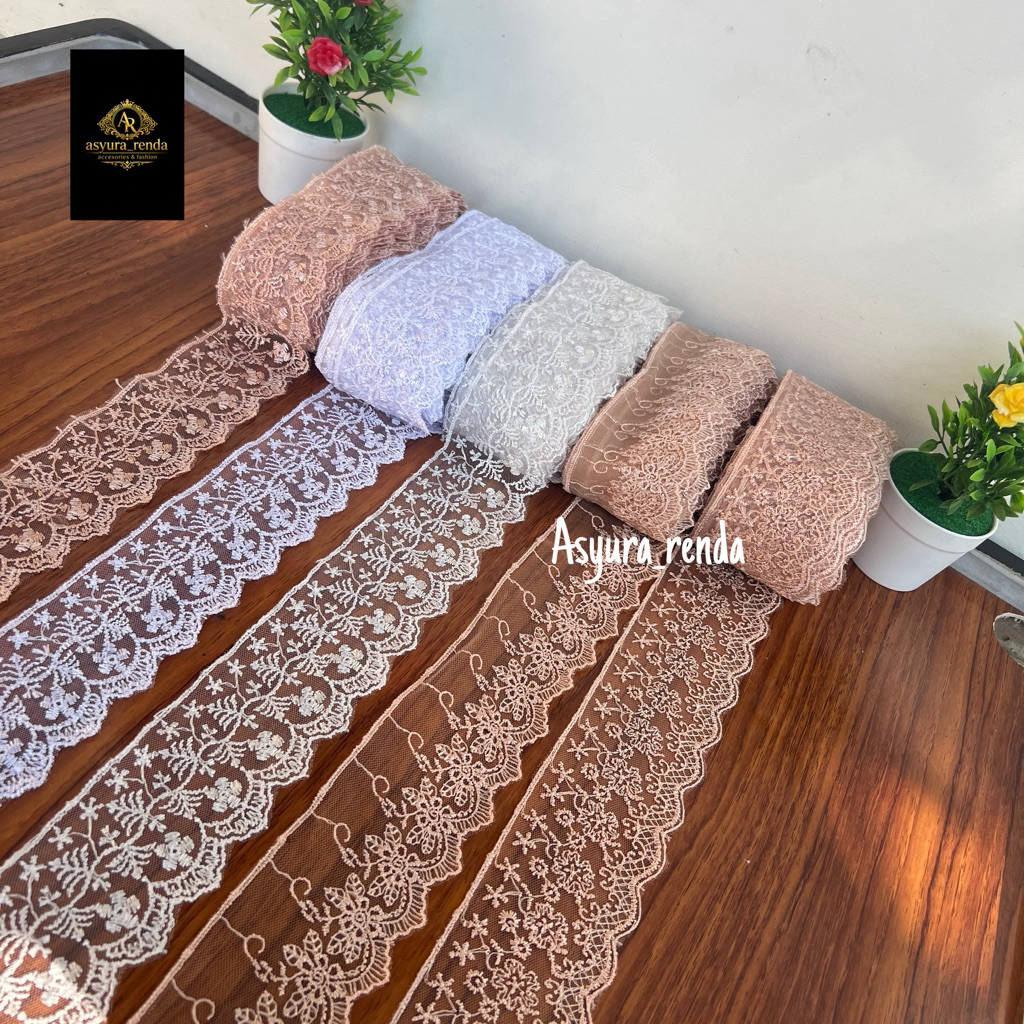 RENDA TILE/TULLE/TILEU DAISY BORDIR EMBROIDERY UKURAN LEBAR 7cm DAN 6 CM PANJANG 15 YARD /13,5 METER
