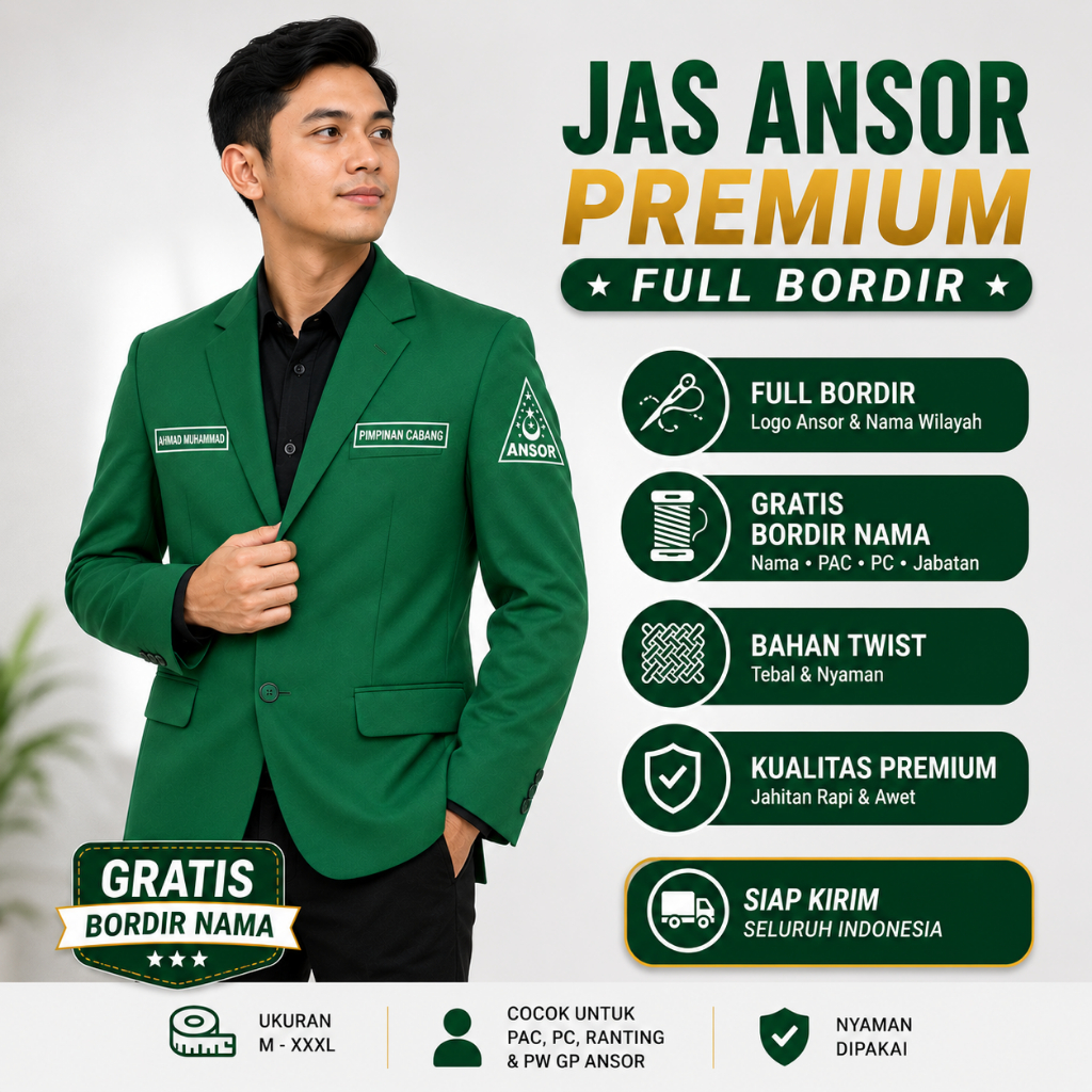 Jas Ansor Premium Full Bordir Nama Wilayah | Bahan TwistTebal | Custom Nama PAC PC GP Ansor